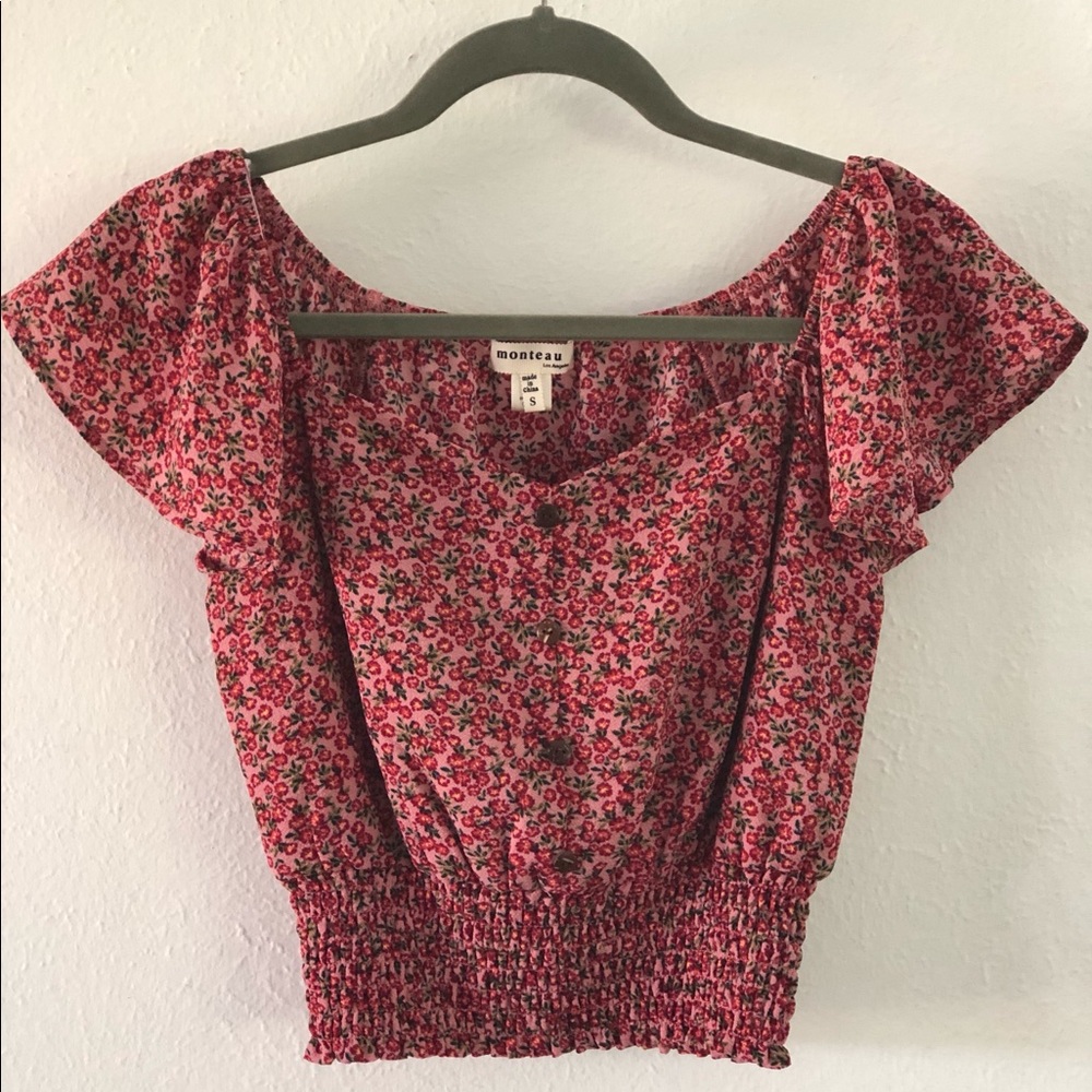 Monteau Ribbed Cropped Red Floral Top. Juniors S.